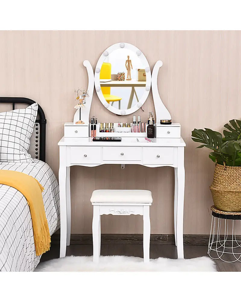 10 Dimmable Lights Vanity Table Set with Lighted Mirror and Cushioned Stool-White - White - Makeup Vanities