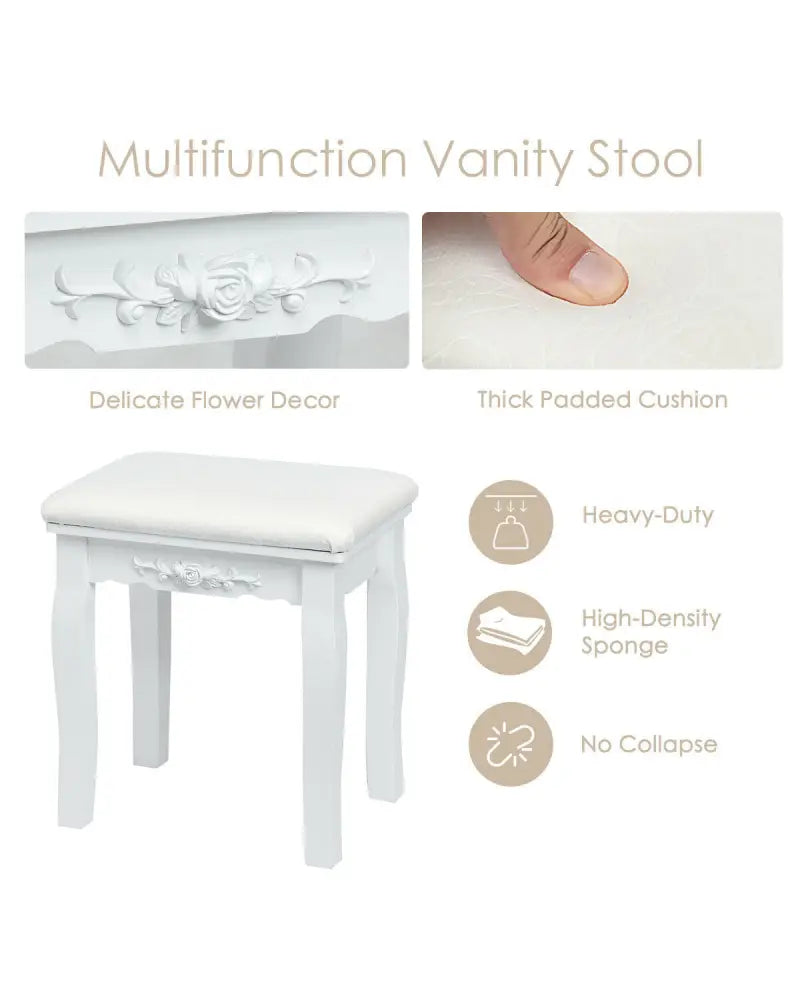 10 Dimmable Lights Vanity Table Set with Lighted Mirror and Cushioned Stool-White - White - Makeup Vanities