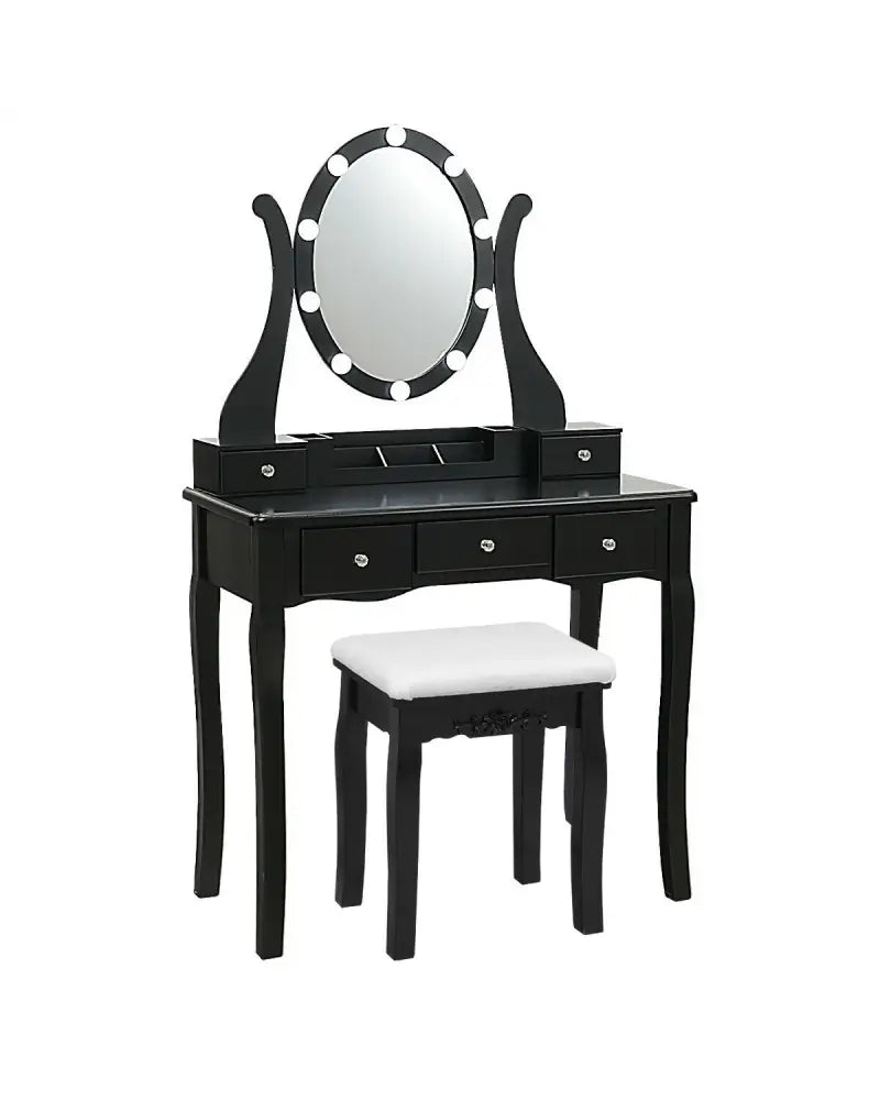 10 Dimmable Lights Vanity Table Set with Lighted Mirror and Cushioned Stool-Black - Black - Makeup Vanities