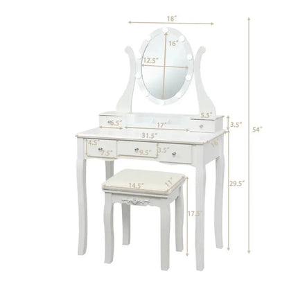 10 Dimmable Lights Vanity Table Set with Lighted Mirror and Cushioned Stool-White Costway