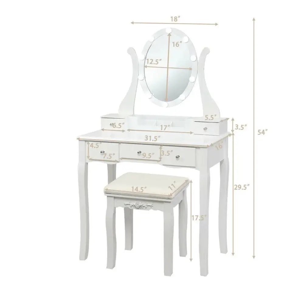 10 Dimmable Lights Vanity Table Set with Lighted Mirror and Cushioned Stool-White Costway