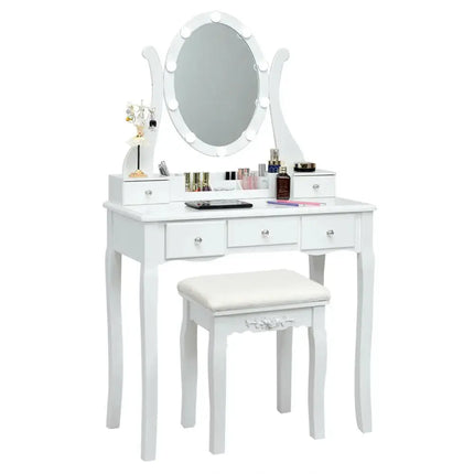 10 Dimmable Lights Vanity Table Set with Lighted Mirror and Cushioned Stool-White Costway