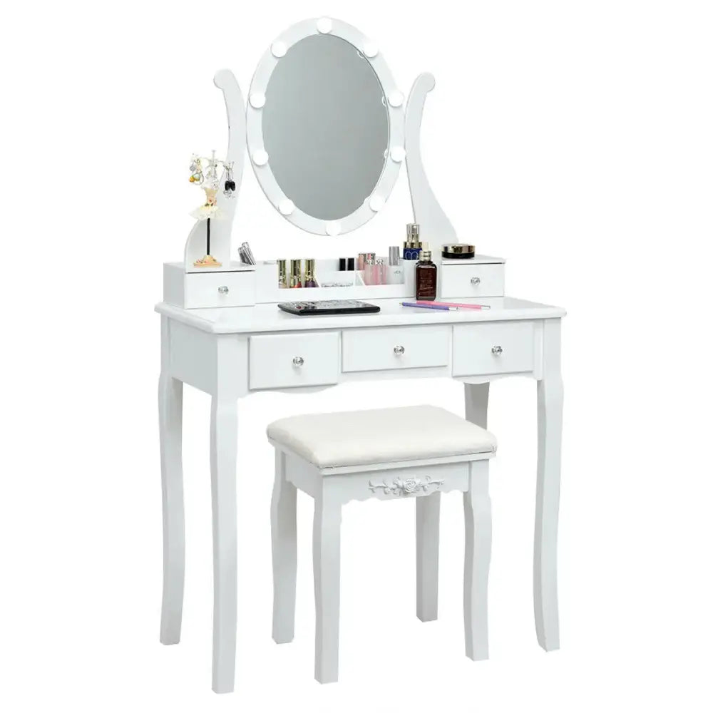 10 Dimmable Lights Vanity Table Set with Lighted Mirror and Cushioned Stool-White Costway