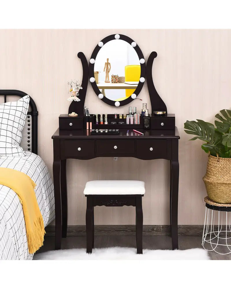 10 Dimmable Lights Vanity Table Set with Lighted Mirror and Cushioned Stool-Brown - Brown - Makeup Vanities