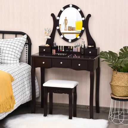 10 Dimmable Lights Vanity Table Set with Lighted Mirror and Cushioned Stool-Brown Costway
