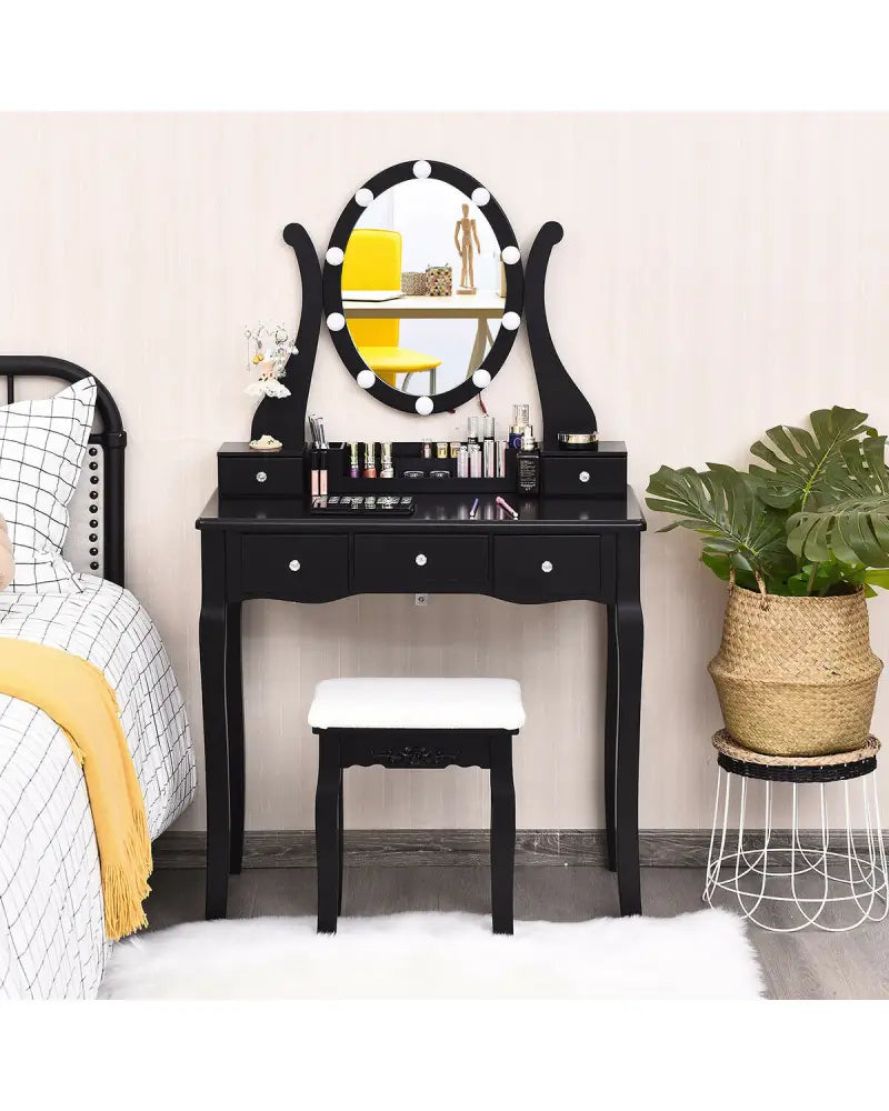 10 Dimmable Lights Vanity Table Set with Lighted Mirror and Cushioned Stool-Black - Black - Makeup Vanities
