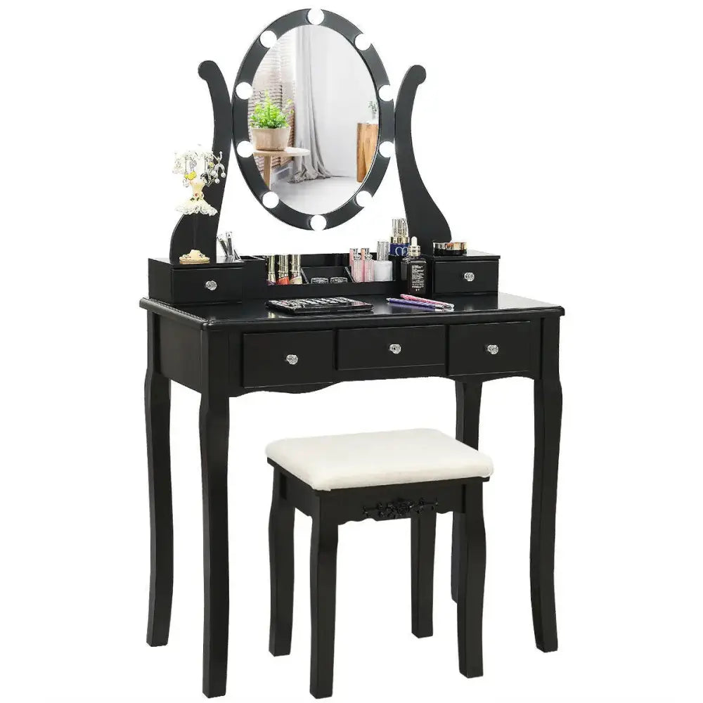 10 Dimmable Lights Vanity Table Set with Lighted Mirror and Cushioned Stool-Black Costway