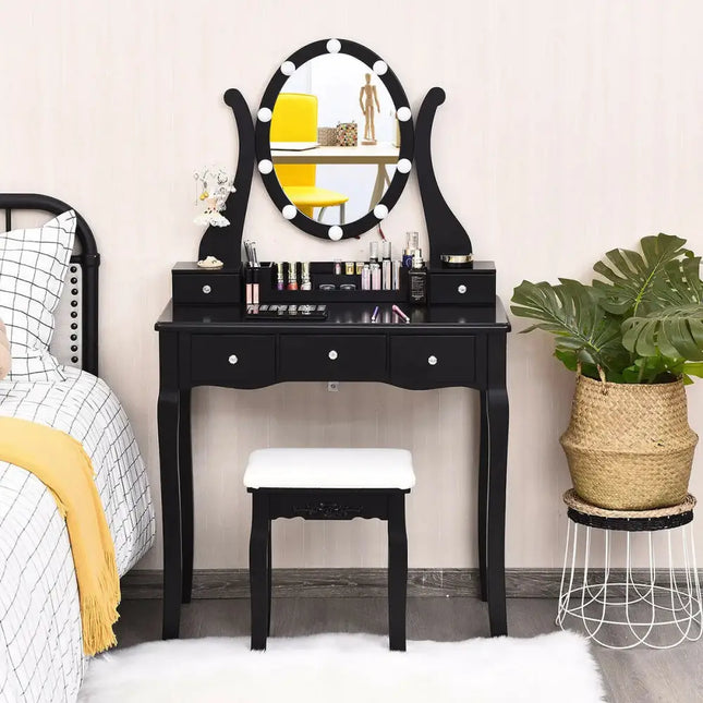 10 Dimmable Lights Vanity Table Set with Lighted Mirror and Cushioned Stool-Black Costway