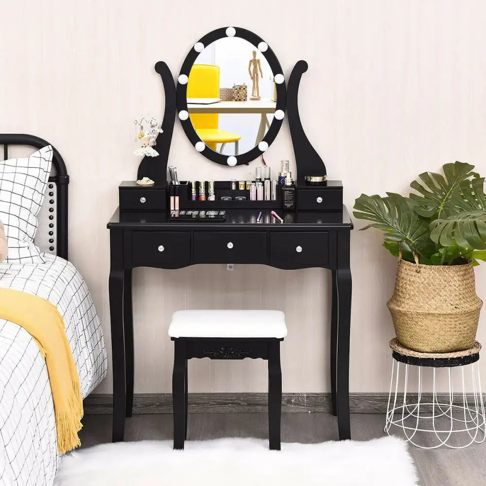 10 Dimmable Lights Vanity Table Set with Lighted Mirror and Cushioned Stool-Black Costway