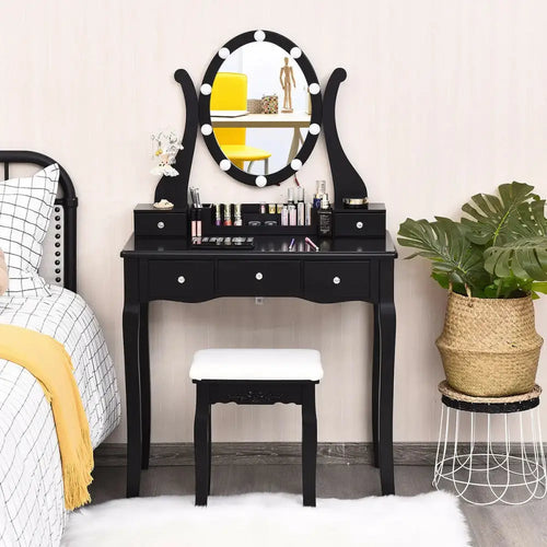 10 Dimmable Lights Vanity Table Set with Lighted Mirror and Cushioned Stool-Black Costway