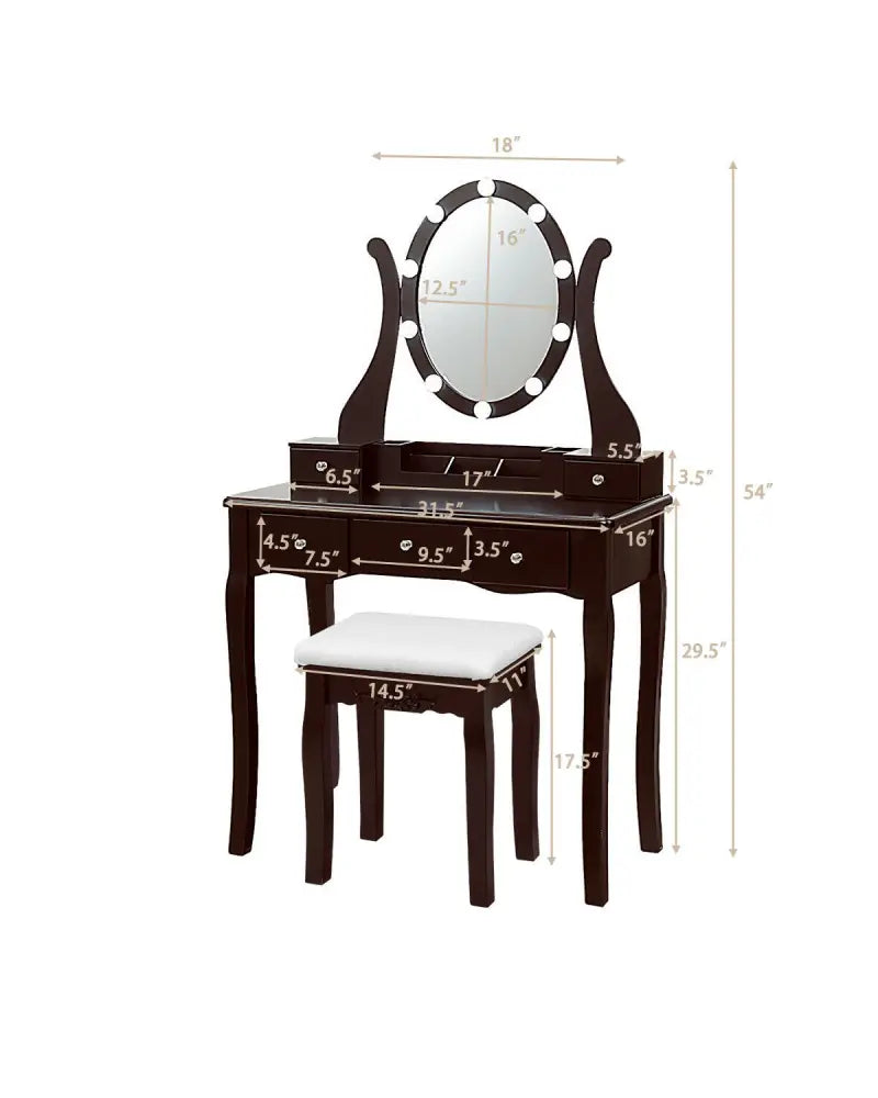 10 Dimmable Lights Vanity Table Set with Lighted Mirror and Cushioned Stool-Brown - Brown - Makeup Vanities
