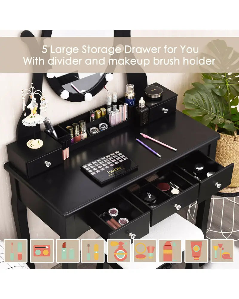 10 Dimmable Lights Vanity Table Set with Lighted Mirror and Cushioned Stool-Black - Black - Makeup Vanities