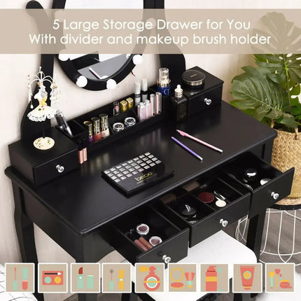10 Dimmable Lights Vanity Table Set with Lighted Mirror and Cushioned Stool-Black Costway