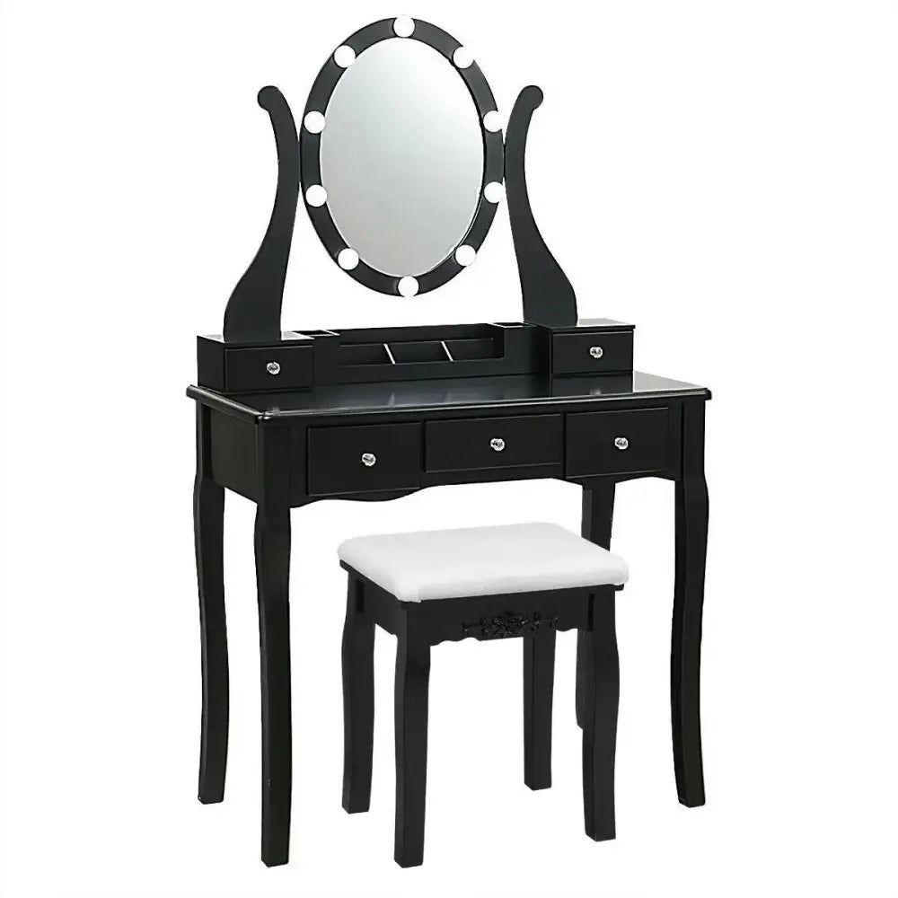 10 Dimmable Lights Vanity Table Set with Lighted Mirror and Cushioned Stool-Black Costway