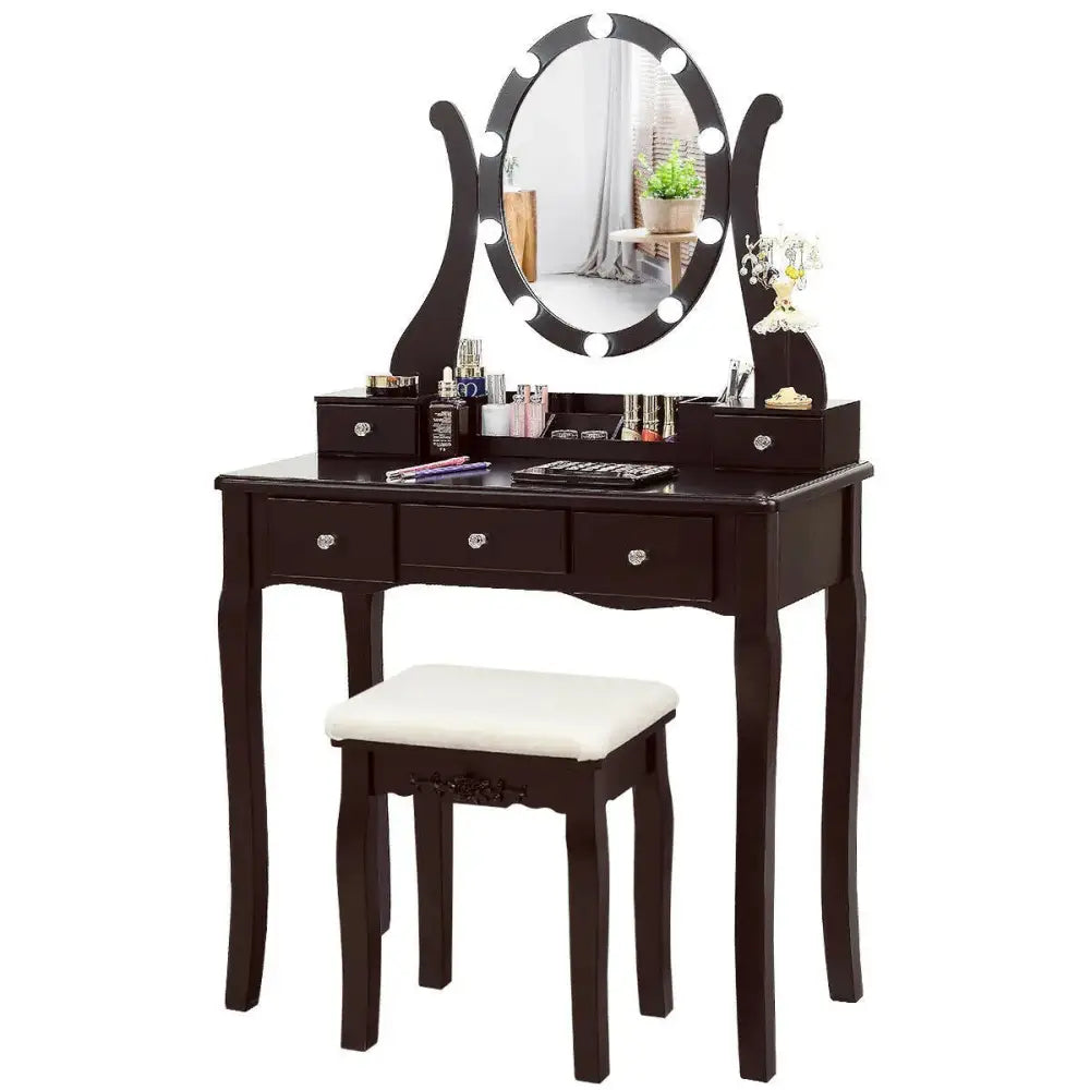 10 Dimmable Lights Vanity Table Set with Lighted Mirror and Cushioned Stool-Brown Costway