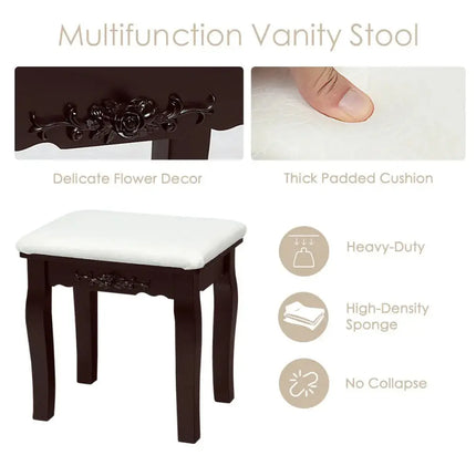10 Dimmable Lights Vanity Table Set with Lighted Mirror and Cushioned Stool-Brown Costway