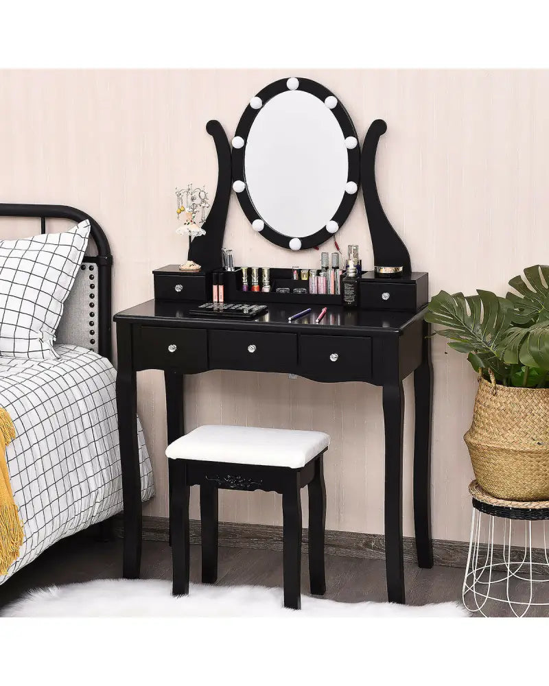 10 Dimmable Lights Vanity Table Set with Lighted Mirror and Cushioned Stool-Black - Black - Makeup Vanities