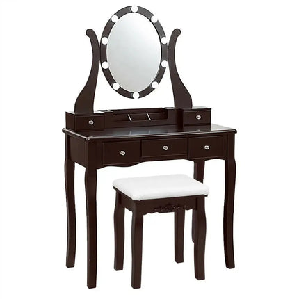10 Dimmable Lights Vanity Table Set with Lighted Mirror and Cushioned Stool-Brown Costway