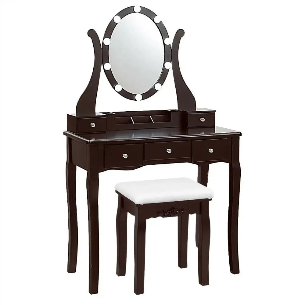 10 Dimmable Lights Vanity Table Set with Lighted Mirror and Cushioned Stool-Brown Costway