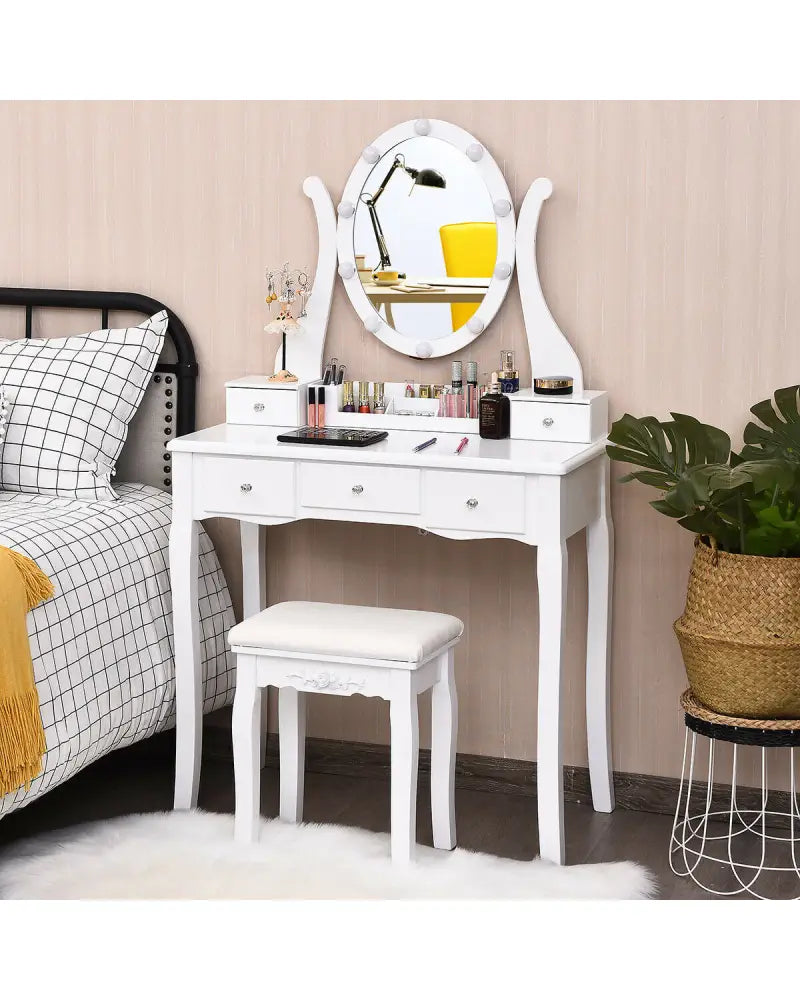 10 Dimmable Lights Vanity Table Set with Lighted Mirror and Cushioned Stool-White - White - Makeup Vanities