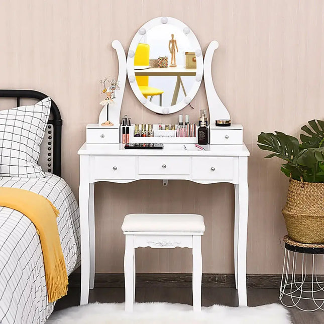 10 Dimmable Lights Vanity Table Set with Lighted Mirror and Cushioned Stool-White Costway