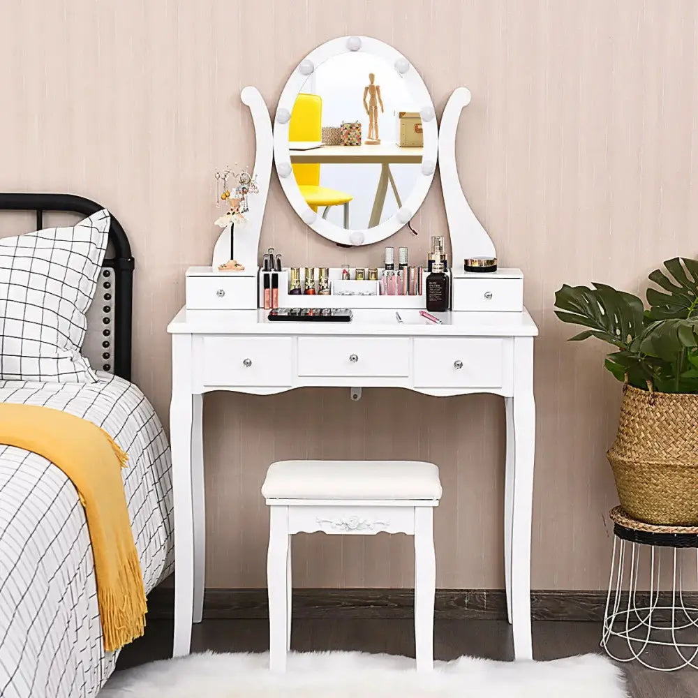 10 Dimmable Lights Vanity Table Set with Lighted Mirror and Cushioned Stool-White Costway