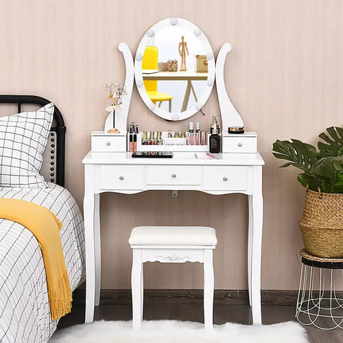 10 Dimmable Lights Vanity Table Set with Lighted Mirror and Cushioned Stool-White Costway