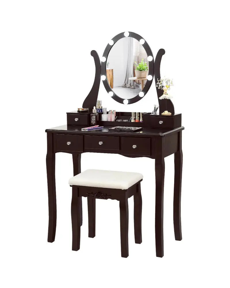 10 Dimmable Lights Vanity Table Set with Lighted Mirror and Cushioned Stool-Brown - Brown - Makeup Vanities