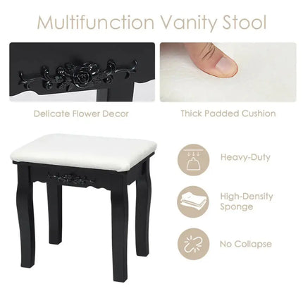 10 Dimmable Lights Vanity Table Set with Lighted Mirror and Cushioned Stool-Black Costway