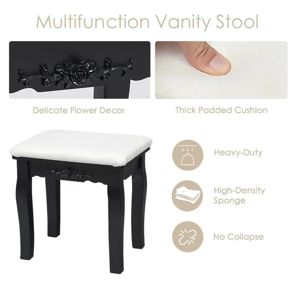 10 Dimmable Lights Vanity Table Set with Lighted Mirror and Cushioned Stool-Black Costway