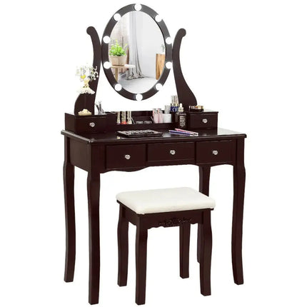 10 Dimmable Lights Vanity Table Set with Lighted Mirror and Cushioned Stool-Brown Costway