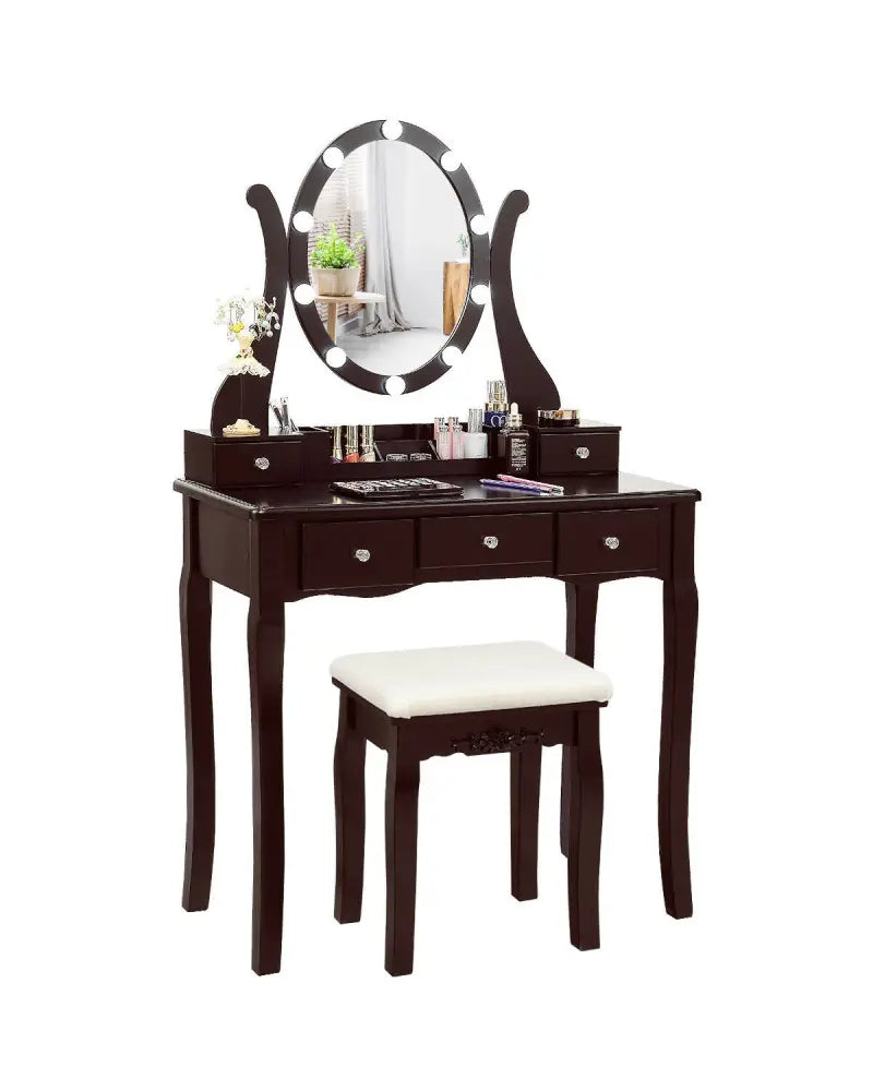 10 Dimmable Lights Vanity Table Set with Lighted Mirror and Cushioned Stool-Brown - Brown - Makeup Vanities