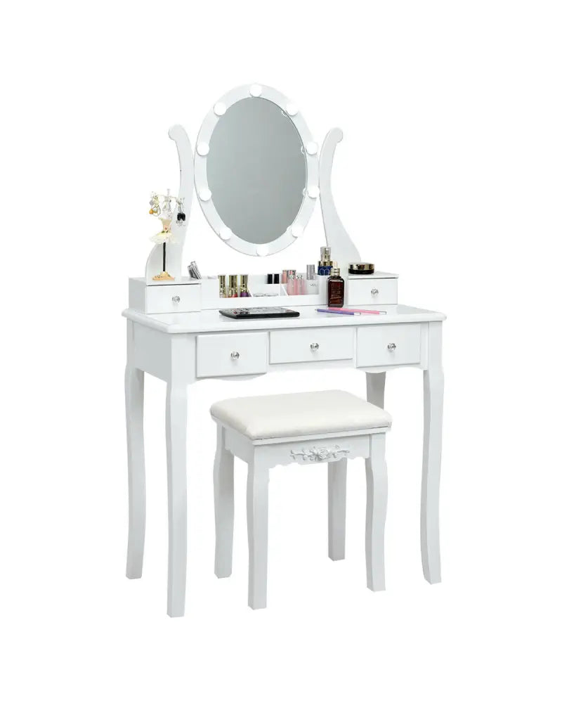 10 Dimmable Lights Vanity Table Set with Lighted Mirror and Cushioned Stool-White - White - Makeup Vanities
