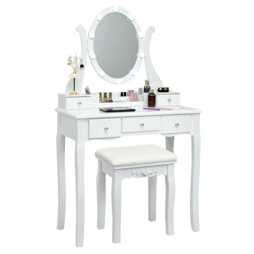 10 Dimmable Lights Vanity Table Set with Lighted Mirror and Cushioned Stool-White - White - Makeup Vanities