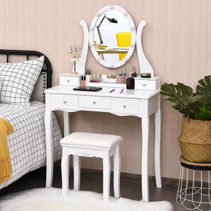 10 Dimmable Lights Vanity Table Set with Lighted Mirror and Cushioned Stool-White Costway