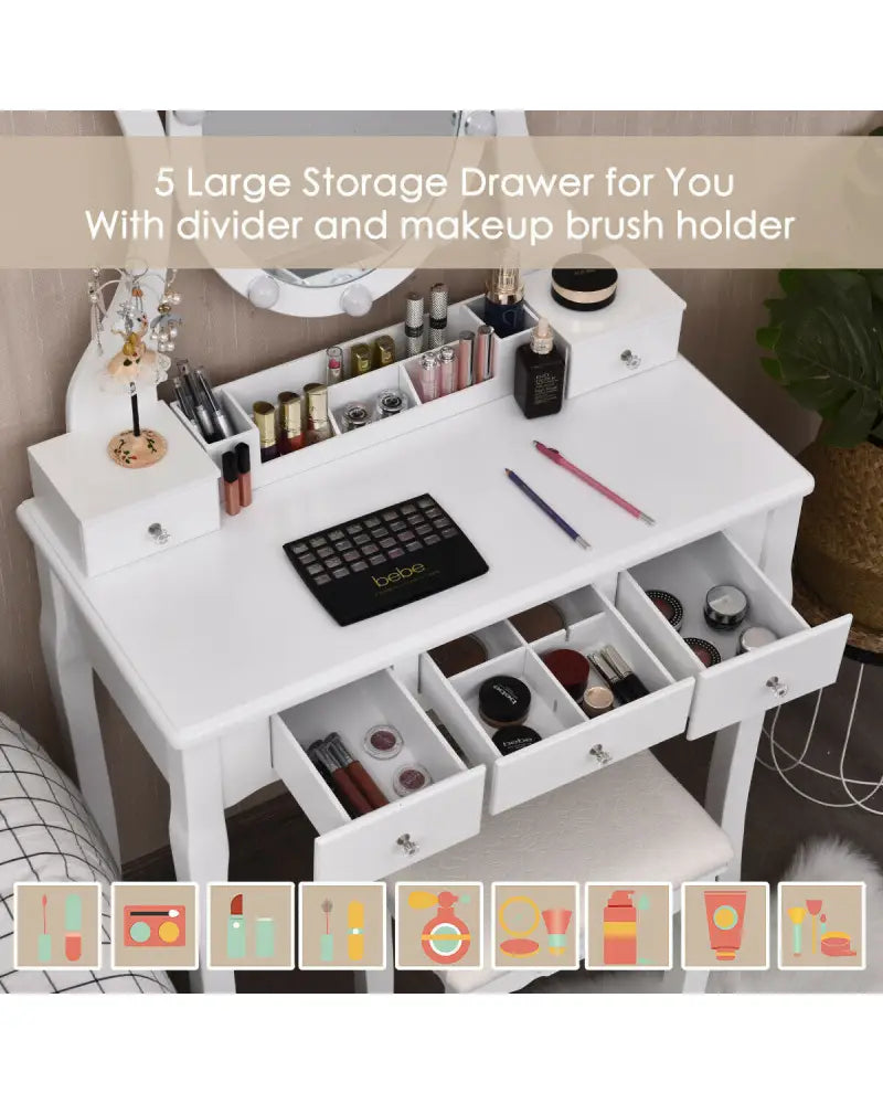 10 Dimmable Lights Vanity Table Set with Lighted Mirror and Cushioned Stool-White - White - Makeup Vanities