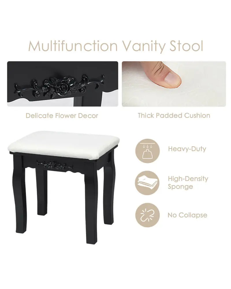 10 Dimmable Lights Vanity Table Set with Lighted Mirror and Cushioned Stool-Black - Black - Makeup Vanities