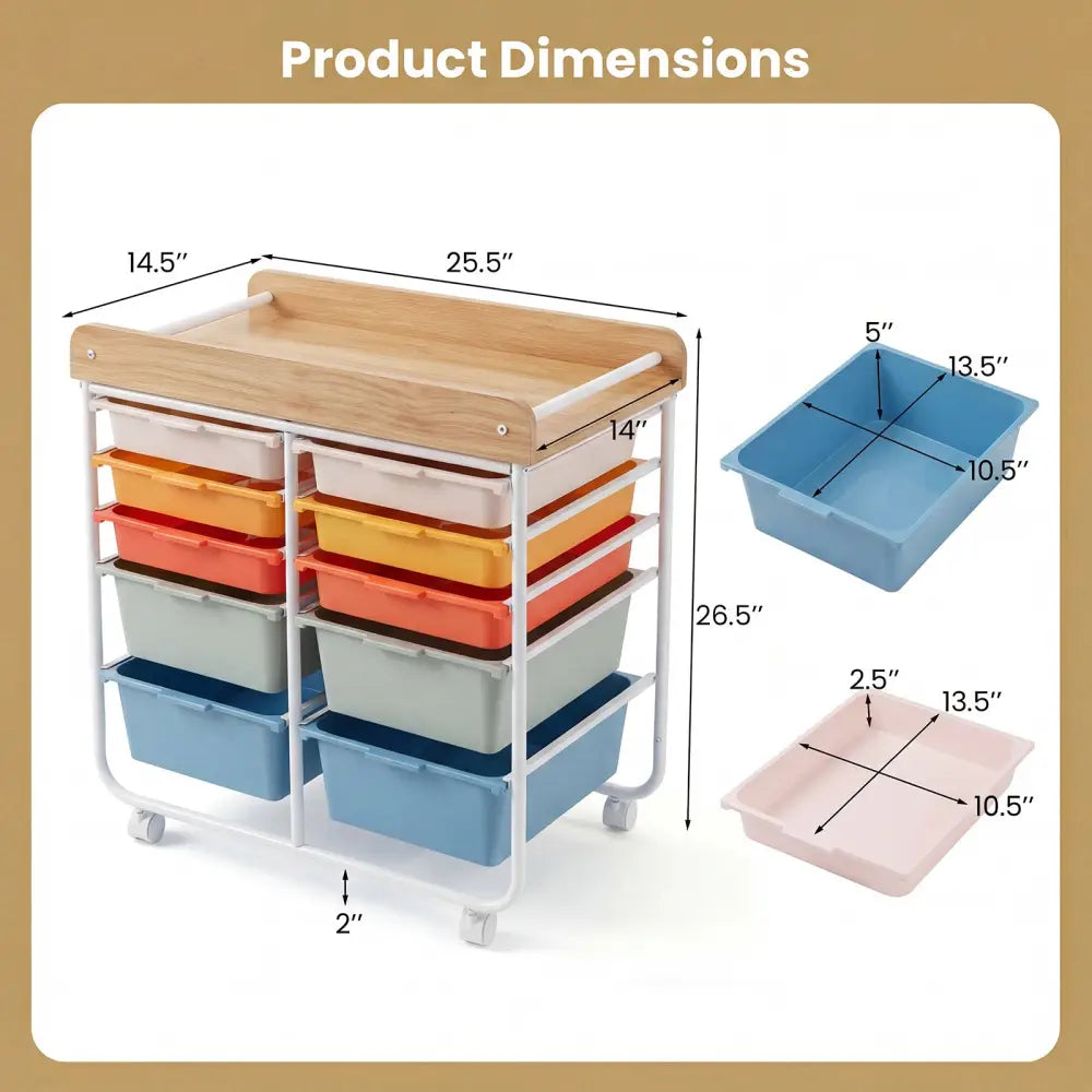 10-Drawer Rolling Cart with Wooden Tabletop and Lockable Wheels for Office-Macaron - Macaron - File Cabinets