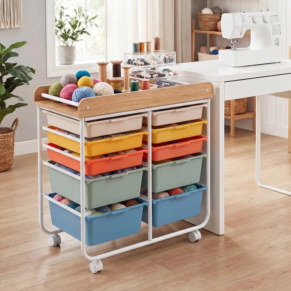 10-Drawer Rolling Cart with Wooden Tabletop and Lockable Wheels for Office-Macaron - Macaron - File Cabinets