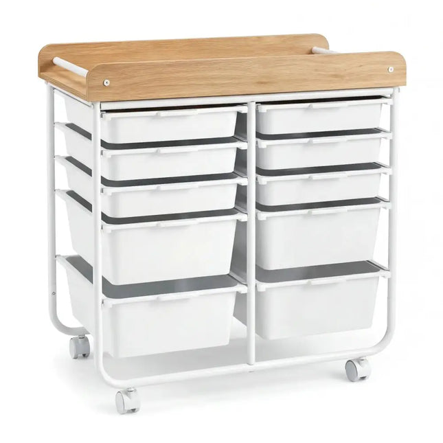 10-Drawer Rolling Cart with Wooden Tabletop and Lockable Wheels for Office-White Costway