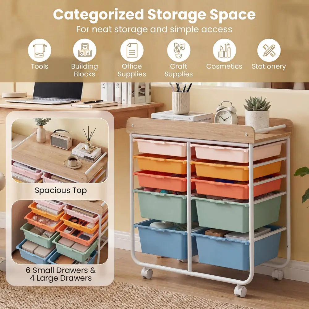 10-Drawer Rolling Cart with Wooden Tabletop and Lockable Wheels for Office-Macaron - Macaron - File Cabinets