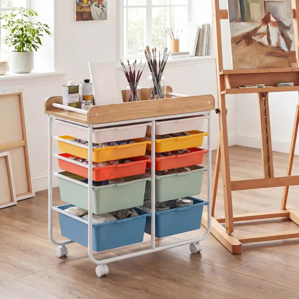 10-Drawer Rolling Cart with Wooden Tabletop and Lockable Wheels for Office-Macaron - Macaron - File Cabinets