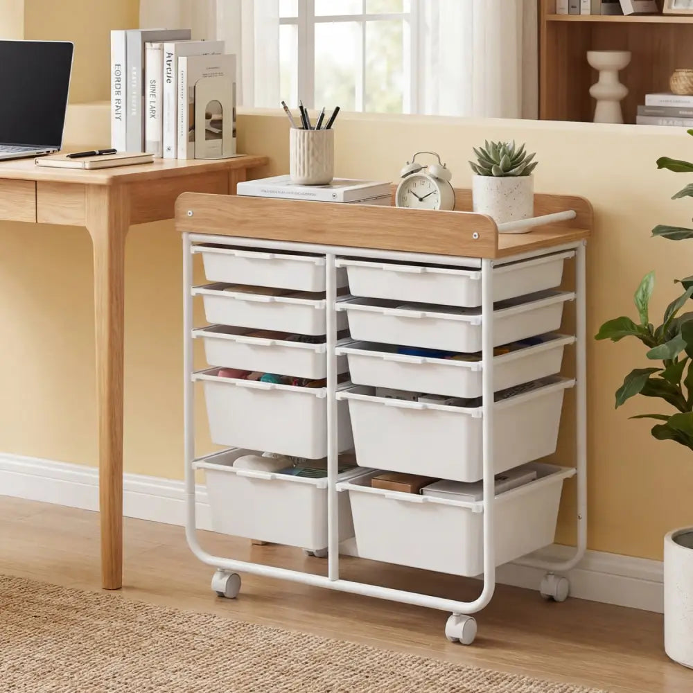 10-Drawer Rolling Cart with Wooden Tabletop and Lockable Wheels for Office-White - White - File Cabinets