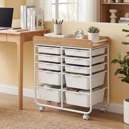 10-Drawer Rolling Cart with Wooden Tabletop and Lockable Wheels for Office-White - White - File Cabinets