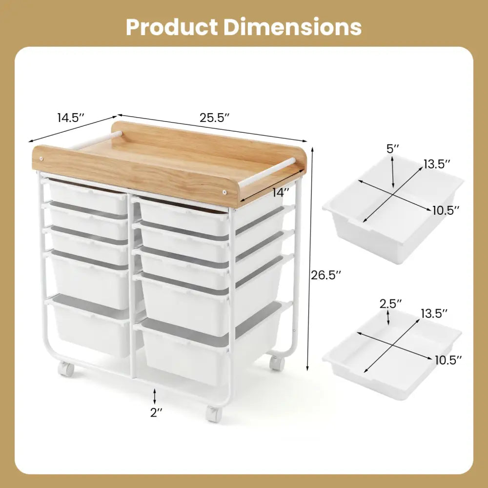10-Drawer Rolling Cart with Wooden Tabletop and Lockable Wheels for Office-White - White - File Cabinets