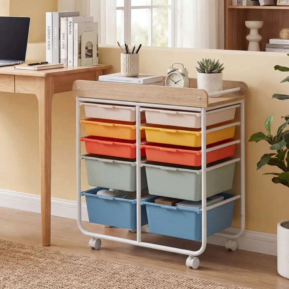 10-Drawer Rolling Cart with Wooden Tabletop and Lockable Wheels for Office-Macaron - Macaron - File Cabinets