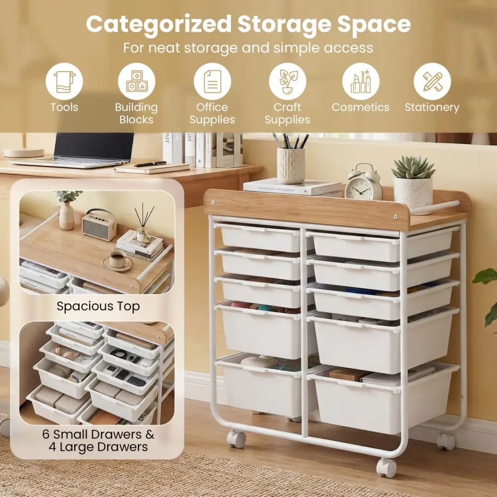 10-Drawer Rolling Cart with Wooden Tabletop and Lockable Wheels for Office-White - White - File Cabinets