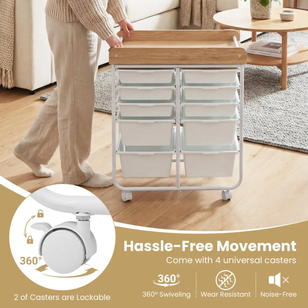 10-Drawer Rolling Cart with Wooden Tabletop and Lockable Wheels for Office-White - White - File Cabinets