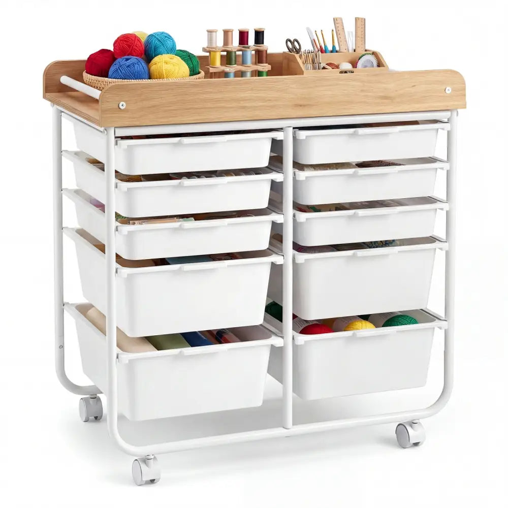 10-Drawer Rolling Cart with Wooden Tabletop and Lockable Wheels for Office-White - White - File Cabinets