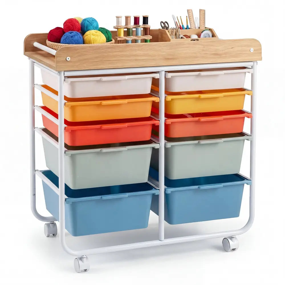 10-Drawer Rolling Cart with Wooden Tabletop and Lockable Wheels for Office-Macaron - Macaron - File Cabinets